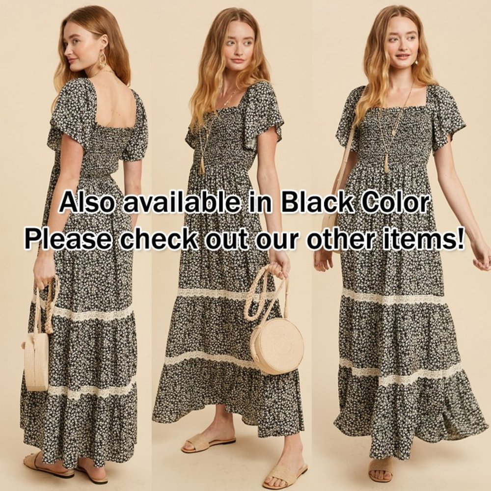 NEW Ditsy Floral Smock Square Neck Boho Maxi Dress - Picture 13 of 13